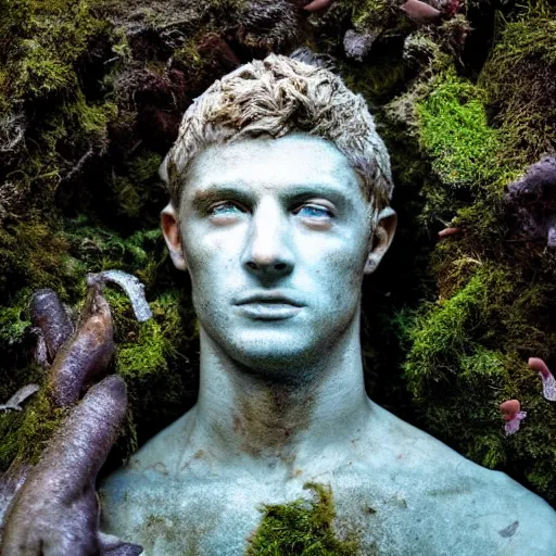 Image similar to Award-winning photograph by Mar Mann. The photo depicts a decaying roman bust of Christiano Ronaldo overgrown with moss at the bottom of the sea in the middle of ruins of civilization. Minimalism, high definition, perfect composition. Deep sea picture. Very dark. Volumetric Lighting. Fish. Darkness. Ruins