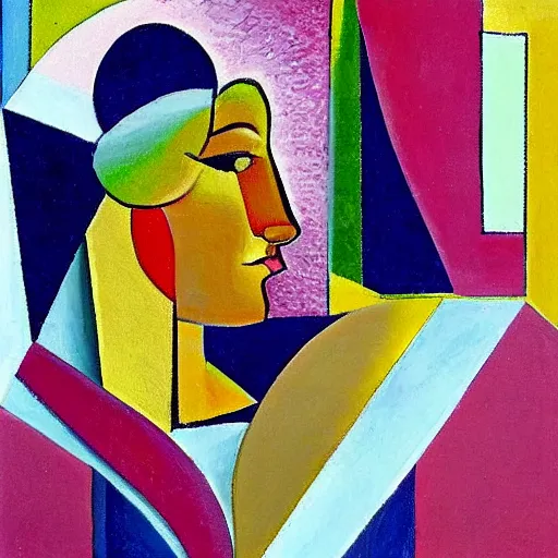 Image similar to woman in glorious robes rose up vast as the skies, old as the mountains and formless as starlight to shelter the precious memories, matter, messages, abstract art in the style of cubism and georgia o keefe