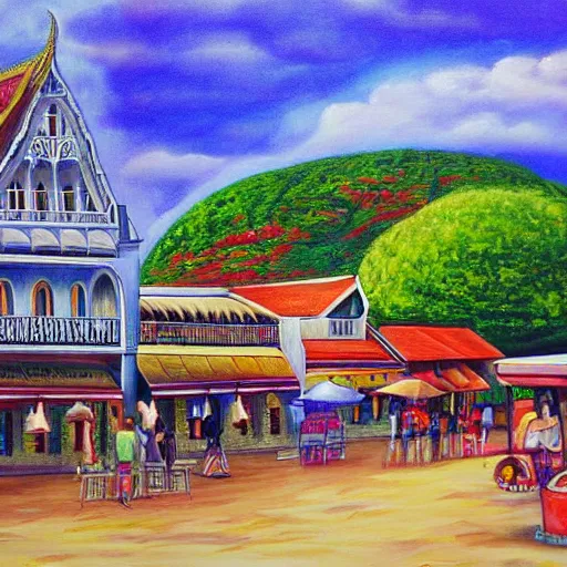 Prompt: surrealism painting of phuket old town