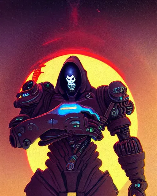 Image similar to reaper from overwatch, character portrait, portrait, close up, concept art, intricate details, highly detailed, vintage sci - fi poster, retro future, in the style of chris foss, rodger dean, moebius, michael whelan, and gustave dore