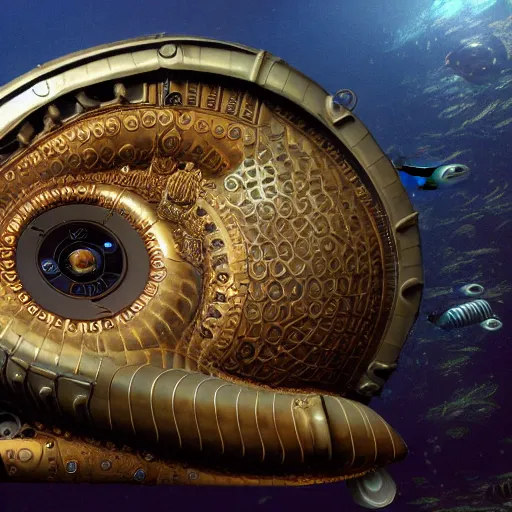 Prompt: hyper realistic full side view of captain nemo's steampunk nautilus submarine designed to look like a fish with fins, porthole windows, retrocore, cyber steampunk 8 k 3 d