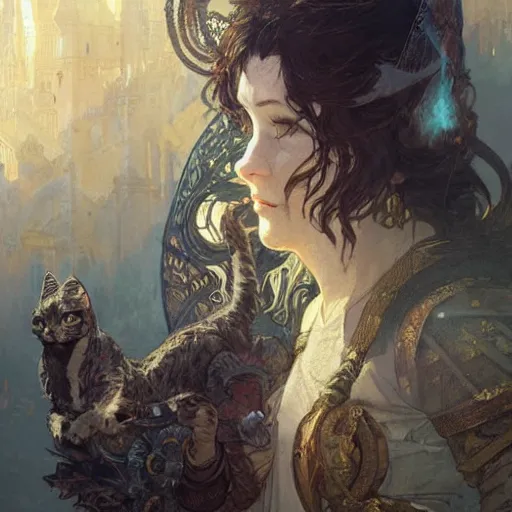 Image similar to Mythology of a holy cat, D&D, fantasy, intricate, cinematic lighting, highly detailed, digital painting, artstation, concept art, smooth, sharp focus, illustration, art by Akihiko Yoshida, Greg Rutkowski and Alphonse Mucha