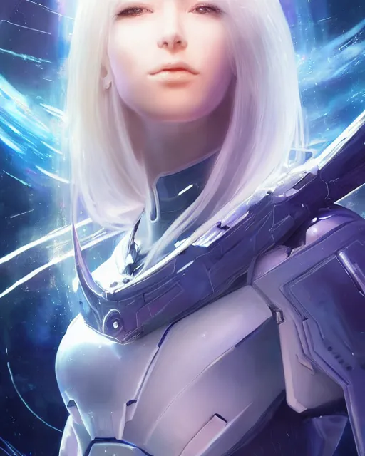 Image similar to perfect android girl on a mothership, warframe armor, beautiful face, scifi, futuristic, galaxy, nebula, raytracing, dreamy, long white hair, blue cyborg eyes, sharp focus, cinematic lighting, highly detailed, artstation, divine, by gauthier leblanc, kazuya takahashi, huifeng huang