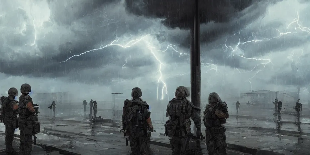 Image similar to private military company operatives standing outside immigration check point with severe weather storms behind, cinematic, realistic, detailed, intricate, digital art, ambient lightning, by jordan grimmer, industrial art style, 3 5 mm film grain, artstation