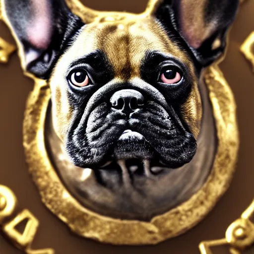 Image similar to an ancient roman gold coin with the face of a french bulldog, close up photo, ultra realistic, studio photo, bokeh.