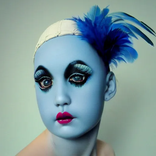 Image similar to surreal art of porcelain doll face on a ballerina body with blue feather in background, retro