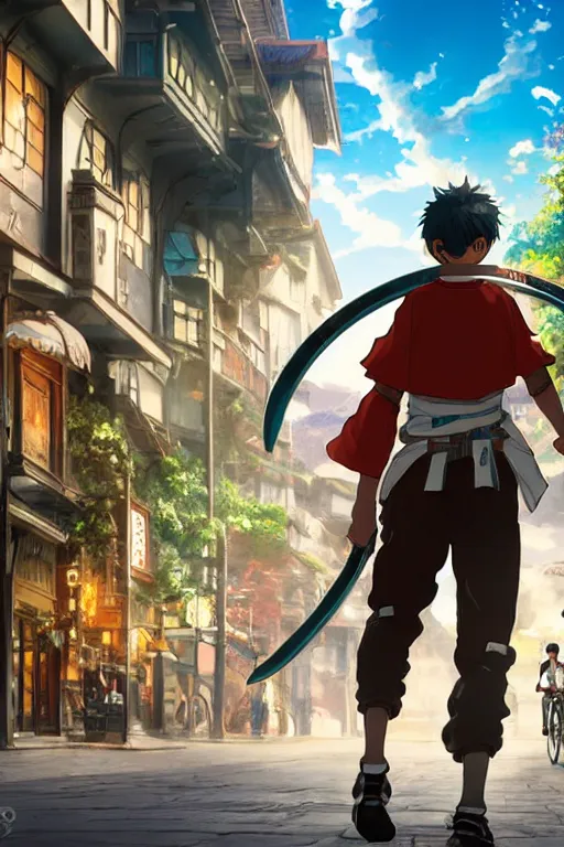 Image similar to ultra detailed keyart of sci - fy movie, a boy carrying a sword in his back is riding a simple bycycle in the main street of isekai shinjuku