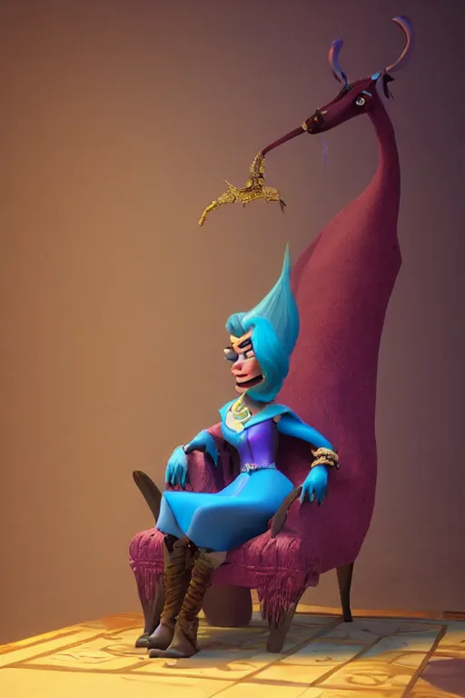 Prompt: An evil sorceress scheming on her throne | stylised | short and stocky broad body| big nose | art style of disney pixar movie | HD 8k | rendered by octane