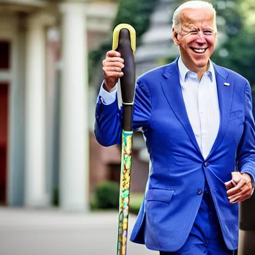 Prompt: joe biden wearing bright clashing extravagant clothes, big teeth smile, walking cane, midpart hair, blender render