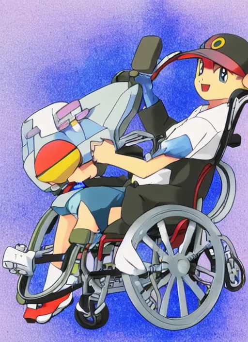 Image similar to a pokemon trainer traveling in a wheelchair, anime, art by ken sugimori