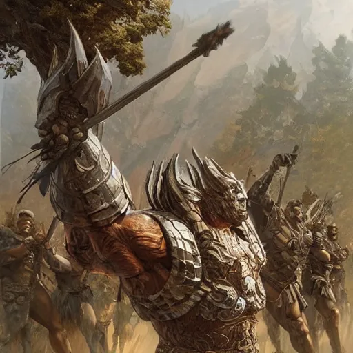 Image similar to muscular ogre - like fierce warrior with tree - bark skin wearing intricate stone and wood armor, towering above a group of soldiers, battlefield, highly detailed, digital painting, artstation, concept art, smooth, sharp focus, illustration, art by artgerm and greg rutkowski and alphonse mucha