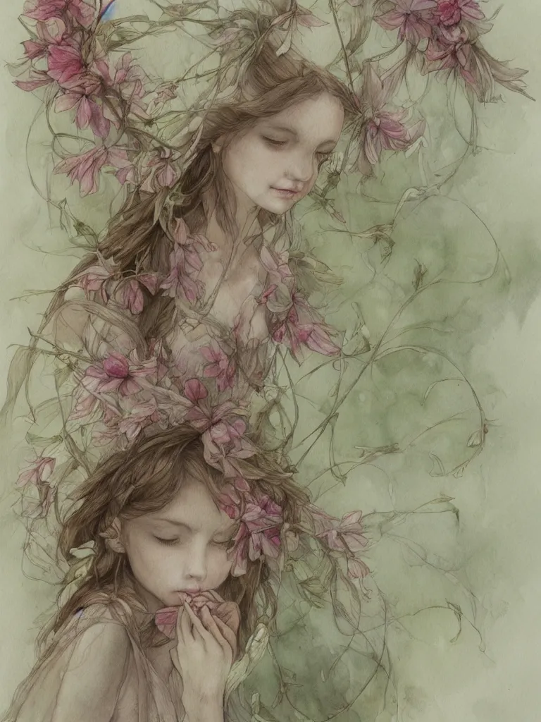 Image similar to study of a flower fairy, illustration, watercolor, alan lee, detailed, pretty, ethereal, realistic, artstation