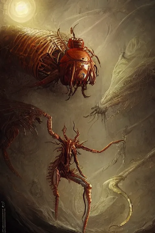 Prompt: Astral Isopod God, insectoid, crustacean, fantasy, magic, digital art by Seb Mckinnon and Peter Mohrbacher, professional illustration, holy, cult