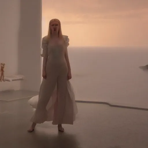 Image similar to Elle Fanning in Santorini in the world of Adam Wyeth, head and shoulders, stormy weather, extremely detailed masterpiece, oil on canvas, low-key neon lighting, artstation, Blade Runner 2049, Roger Deakin’s cinematography, by J. C. Leyendecker and Peter Paul Rubens and Edward Hopper and Michael Sowa,