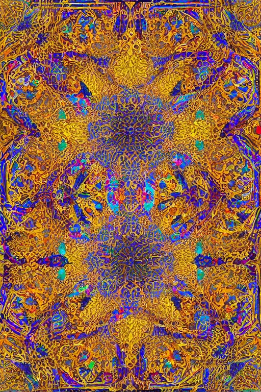 Image similar to hyper-detailed maximalist abstract islamic art, 8k, 3d, ochre colour pallet