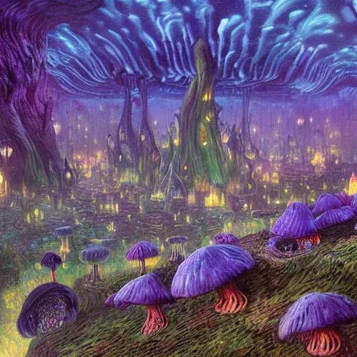 Image similar to concept art detailed painting of a dark purple fantasy fairytale fungal town made of mushrooms, with glowing blue lights, in the style of wayne barlowe and vincent van gogh and albert bierstadt and claude monet