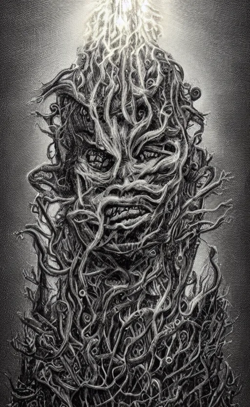 Image similar to lovecraftian portrait of trump, surrounded by beams of light dark background by wayne barlow, stanley donwood, anton semenov, zdzislaw bekinski, hr giger, 8 k, fantasy, dark, highly detailed