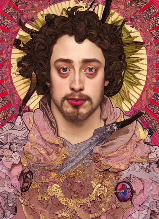 Prompt: Sam Hyde as magical prince, sigma and gigachad, big red eyes, peaceful expression, fantasy, intricate pink and gold ornate suit, modeling for Dulce and Gabanna, accurately portrayed, portrait art by James Jean and Alphonse mucha, highly detailed, digital painting, concept art, illustration, multiversal paradise shining rgb luxurious lights, trending on artstation, very detailed, smooth, sharp focus, octane render, close up