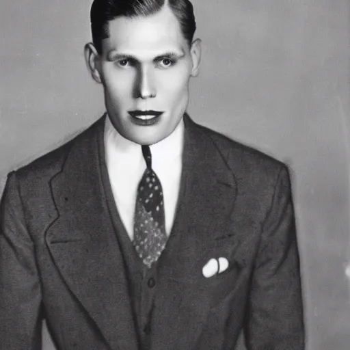 Image similar to A photograph portrait of Jerma985 wearing a suit with short slicked hair in the early 1930s, taken in the early 1930s, grainy, taken on a early 1930s Kodak Camera, realistic, hyperrealistic, very realistic, highly detailed, very detailed, extremely detailed, detailed, digital art, trending on artstation