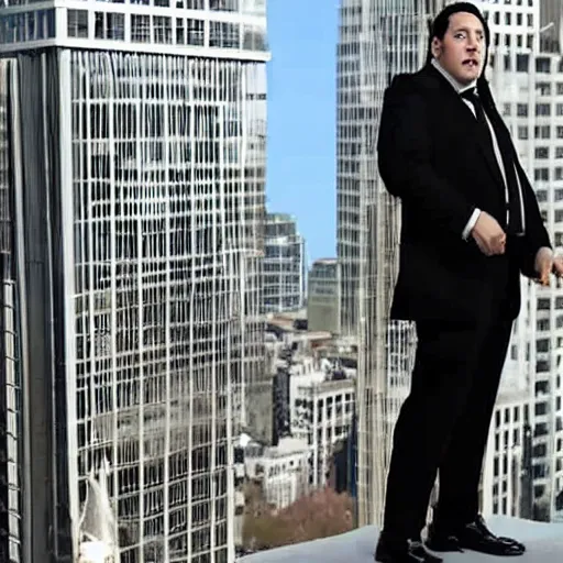 Image similar to Clean-shaven Jon Favreau as Happy Hogan wearing a black suit and black necktie and black dress shoes is climbing up a tall building in an urban city.