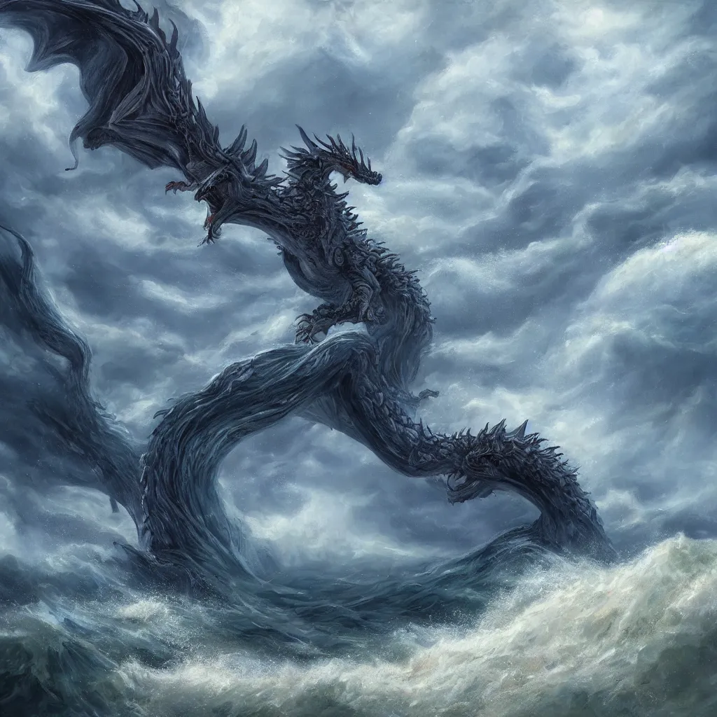 Image similar to a fantasy book style portrait of a giant dragon, stormy sea, giant waves, lightning, small boat, oil painting, 4 k