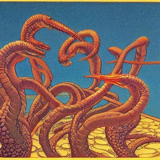 Image similar to hydra highly detailed, artstation, in the style of moebius, art by rene magritte and jean delville