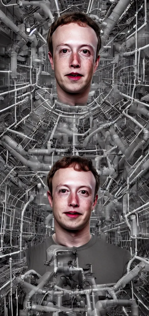 Prompt: horror of elon musk and mark zuckerberg fused together with scaffolding and pipes, body horror, pipes, disturbing, scary, dark, 4K, creepy