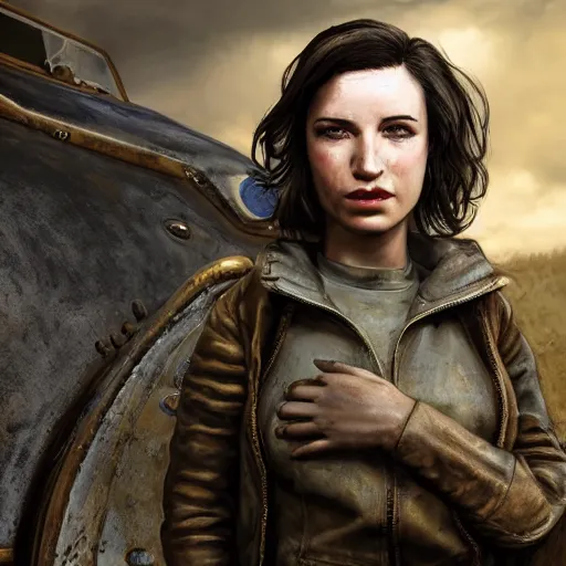 Image similar to fallout 5, charismatic beautiful rugged brunette female protagonist, portrait, outdoors in front of the entrance to vault 1 5 6, atmospheric lighting, painted, intricate, volumetric lighting, beautiful, daytime, sunny weather, slight overcast, sharp focus, deep colours, ultra detailed, by leesha hannigan, ross tran, thierry doizon, kai carpenter, ignacio fernandez rios