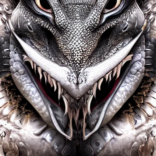 Prompt: portrait photo of a dragon, detailed face, digital art, 4k, silver scales, fire