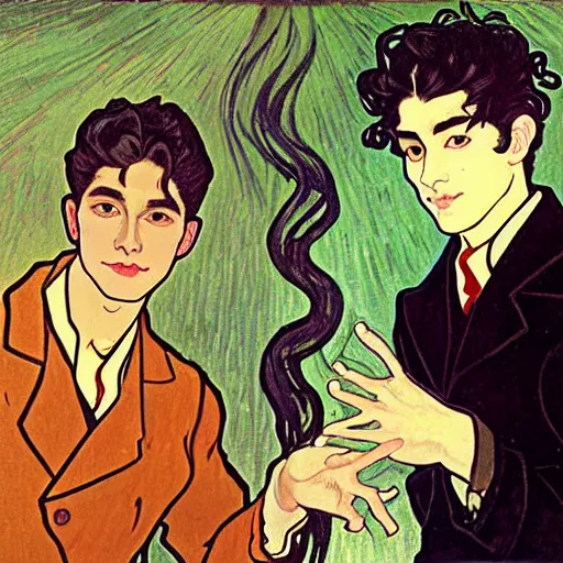 Prompt: painting of young cute handsome beautiful dark medium wavy hair man in his 2 0 s named shadow taehyung and cute handsome beautiful min - jun together at the halloween! party, ghostly, haunted, ghosts, autumn! colors, elegant, wearing suits!, clothes!, delicate facial features, art by alphonse mucha, vincent van gogh, egon schiele