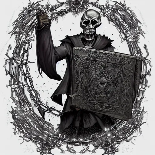 Image similar to A Dark art illustration of undead sorcerer holding a big grimoire by Adam Duff, Ruby insets, chains, monstrous skull, 4k, trending on artstation, pinterest, pixiv