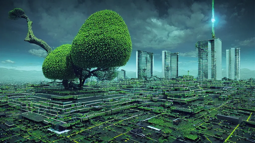 Image similar to Nuclear Nature harmony, Techno-Tree Covered Future version of the City Quito, Ecuador; by Oswaldo Moncayo; by Beeple