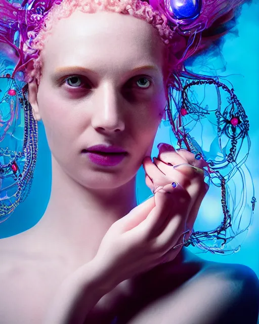 Image similar to natural light, soft focus portrait of a cyberpunk anthropomorphic anemone with soft synthetic pink skin, blue bioluminescent plastics, smooth shiny metal, elaborate ornate jewellery, piercings, skin textures, by annie leibovitz, paul lehr