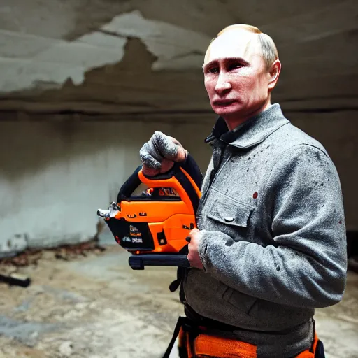 Image similar to putin with a chainsaw and a corpse. in a concrete bunker. focus on putins face with blood splatters. canon eos r 3, f / 1. 4, iso 1 6 0 0, 1 / 8 0 s, 8 k, raw, grainy