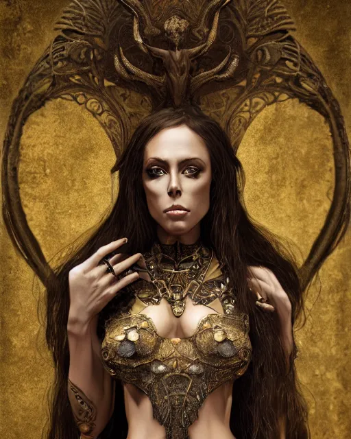 Prompt: concept art, Nicole Aniston, beautiful, frank frazetta, ornate, art nouveau, symmetrical, gold jewelry, high contrast, unbiased render, Emil melmoth, eerie, haunting, victorian, 8k, octane render, style of Gustav Klimt, head and shoulders