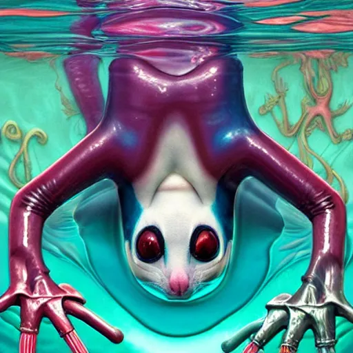 Prompt: #midjourneyart :: sugar glider android character submerged in water, crystal lake:: by Martine Johanna and Simon Stålenhag and Chie Yoshii and Casey Weldon and Guillermo del toro :: ornate, dynamic, particulate, rich colors, intricate, elegant, highly detailed, centered, artstation, smooth, sharp focus, octane render, 3d