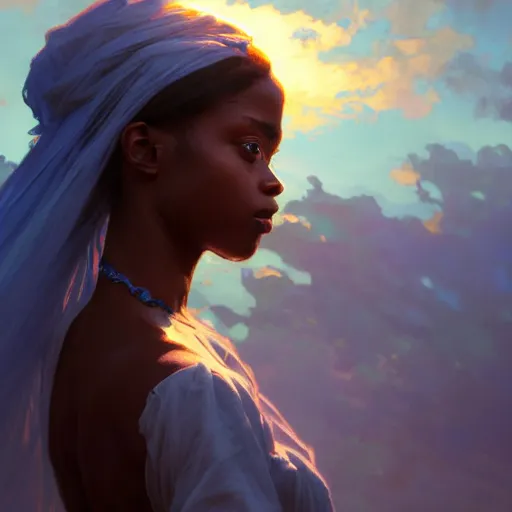 Image similar to a Photorealistic dramatic hyperrealistic bright blue eyes, African American elegant girl, black hair, white veil,by WLOP,Artgerm,Greg Rutkowski,Alphonse Mucha, Beautiful dynamic dramatic bright sunset lighting,shadows,cinematic atmosphere,Artstation,concept design art,Octane render,8k