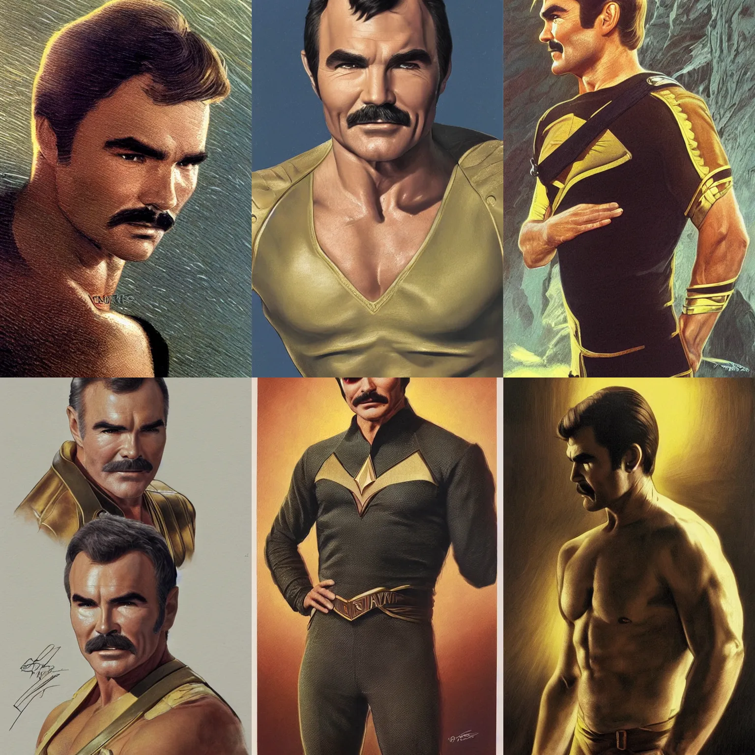 Prompt: a 1 9 6 9 photorealistic portrait photo of burt reynolds as captain kirk, sleek outfit, upper body, fantasy, handsome, depth of field, intricate details, realistic, national geographic cover, soft glow, textured, artstation, concept art, sharp focus, illustration, art by artgerm, greg rutkowski, alphonse mucha