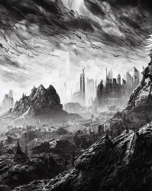 Image similar to the ivory fields, city of desert, buildings, black and white, environment art, fantasy art, landscape art, in the style of masami kurumada, illustration, epic, fantasy, intricate, hyper detailed, artstation, concept art, smooth, sharp focus, ray tracing