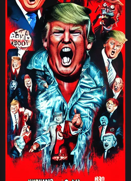 Image similar to Donald Trump as a disgusting monster on a 1980s horror movie poster , vintage 80s print, detailed, scary, horror, screen print, trending on artstation