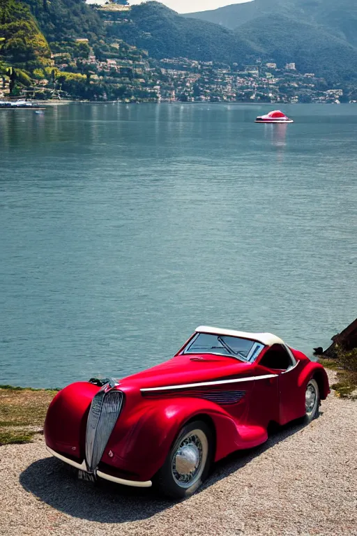 Image similar to Photo of a red 1939 Delahaye parked on a dock with Lake Como in the background, wide shot, daylight, blue sky, summer, dramatic lighting, award winning, highly detailed, 1980s, luxury lifestyle, fine art print, best selling.