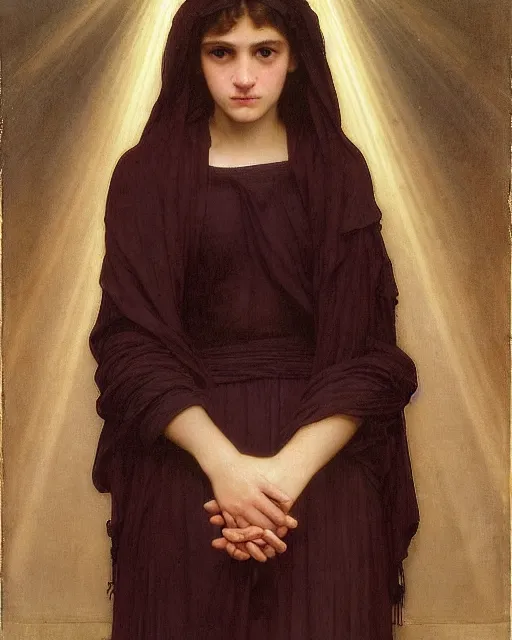 Image similar to a realistic portrait of a teenage girl who looks like Uma Thurmond and Winona Ryder with an anxious expression and slightly open mouth, wearing ragged torn clothing, inside a cathedral lit with god rays, by William-Adolphe Bouguereau, John William Waterhouse, Frederic Leighton, Alphonse Mucha, Edward Burne Jones