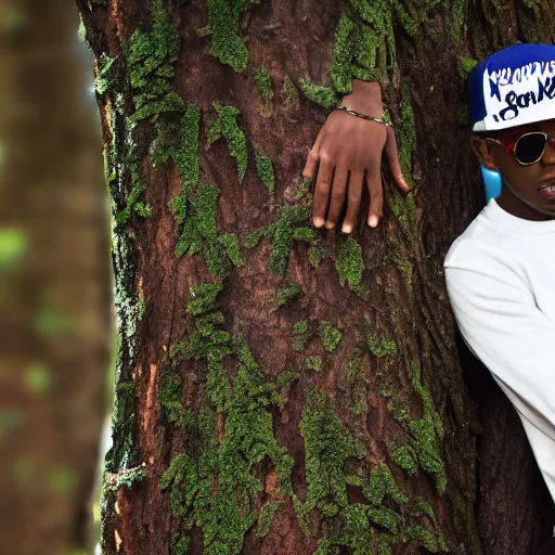 Prompt: out of focus tyler the creator hiding behind a tree