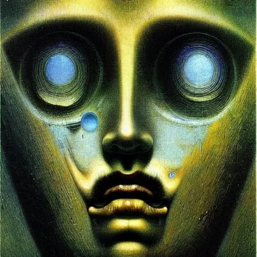 Image similar to The artificial intelligence recognizes its soul in the mirror - contest-winning artwork by Salvador Dali, Beksiński, Van Gogh, Giger, and Monet. Stunning lighting