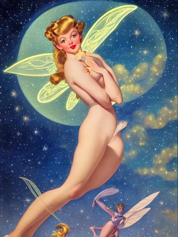 Prompt: kiernan shipman as tinkerbell glowing, a beautiful art nouveau portrait by Gil elvgren and Hajime Sorayama, moonlit starry sky environment, centered composition, defined features, golden ratio, golden glow