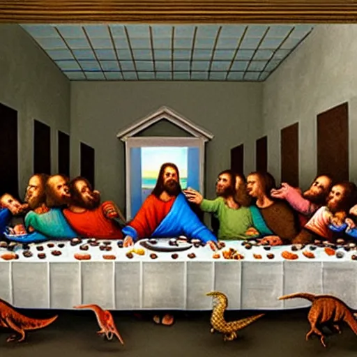 Image similar to the last supper with dinosaurs instead of humans