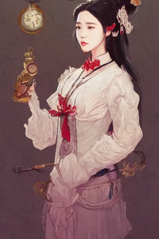 Prompt: Protrait of a Beautiful IU from Hotel del Luna, high fantasy, detailed face, artstationhd, trending on artstation, by James Jean