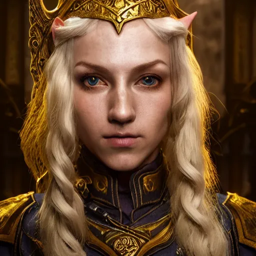 Image similar to the elder scrolls vi, charismatic rega blonde high elf female jarl, portrait, throne room, atmospheric lighting, painted, intricate, volumetric lighting, beautiful, daytime, sunny weather, slight overcast, sharp focus, deep colours, ultra detailed, by leesha hannigan, ross tran, thierry doizon, kai carpenter, ignacio fernandez rios