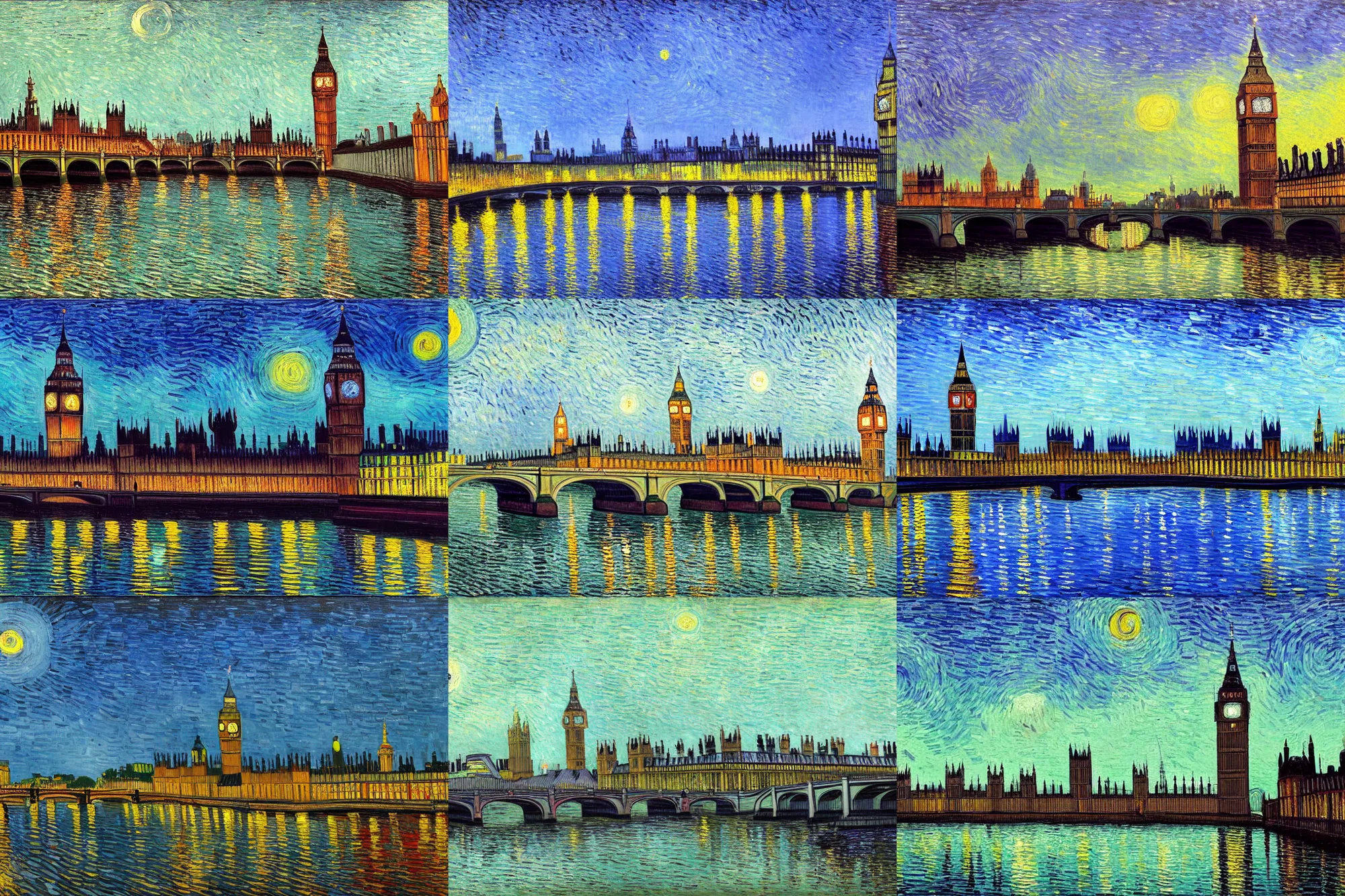 Prompt: futuristic cityscape, London, Big Ben, Thames River, painting, by vincent van gogh
