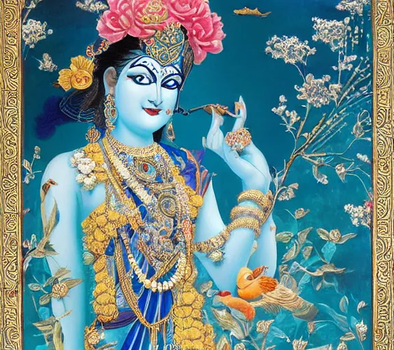 Image similar to breathtaking detailed concept art painting art deco pattern a beautiful krishna with blue skin on sitted on an intricate metal throne, hands pressed together in bow, light - blue flowers with kind piercing eyes and blend of flowers and birds, by hsiao - ron cheng and john james audubon, bizarre compositions, exquisite detail, extremely moody lighting, 8 k h 1 0 2 4